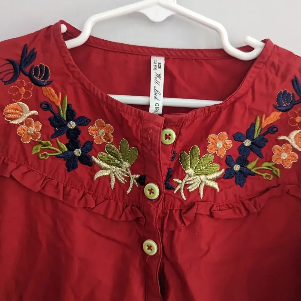 Girl's Well Loved Dress Cotton Red Embroidered Size 7-8 Fall Bohemian